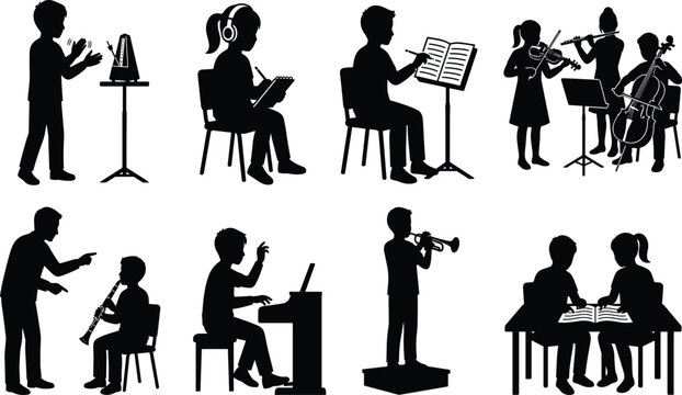 Music education silhouette icons set showing children practicing instruments learning music theory and composer writing notes