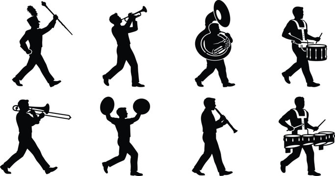 Marching band musicians and drum major silhouette icons set playing brass and percussion instruments in parade