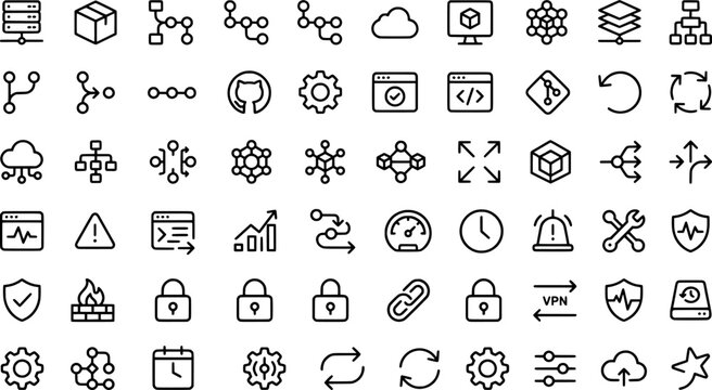 Set of software development and network infrastructure line icons transparent background