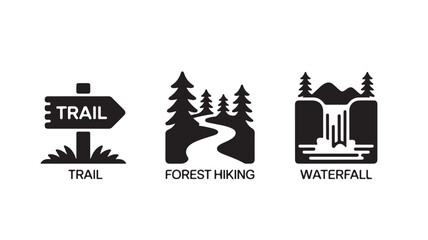 Obraz premium Minimal Black And White Silhouette Of Trail Forest Hiking And Waterfall Icons
