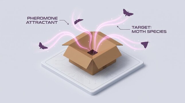 Cardboard box emitting glowing pink pheromones to attract moths. Innovative pest control technology concept. Ideal for science, agriculture, and biotechnology presentations.