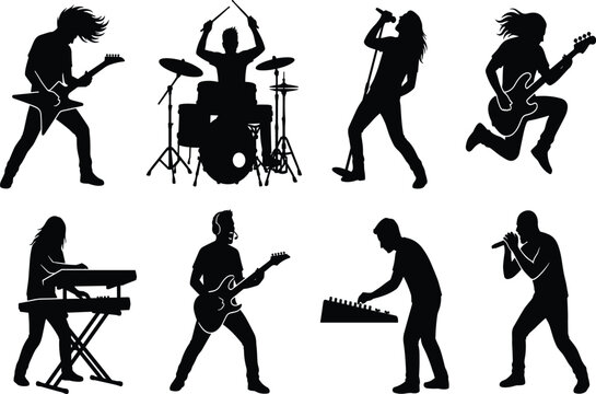 Rock band musicians and singer silhouette icons set performing heavy metal live music concert with instruments
