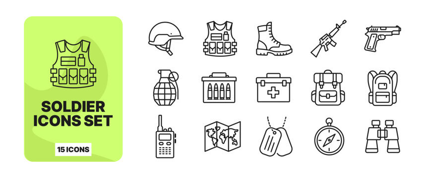 Set of 15 Professional Soldier and Military Equipment Line Icons for Tactical, Defense, and Combat Design Projects
