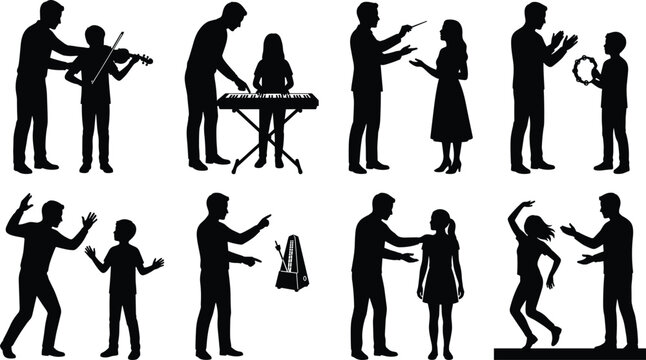 Silhouette set of music teacher instructing students with various instruments singing and dancing in private lessons