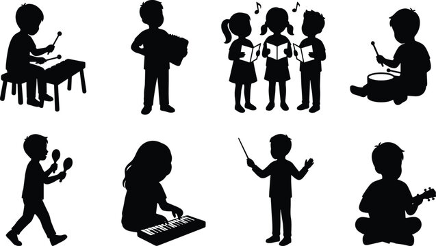 Silhouette set of musicians playing various instruments and singing isolated on a white background