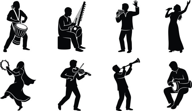 Silhouette set of traditional and folk musicians playing various ethnic instruments singing and dancing on white background