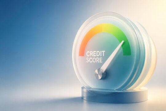 3D credit score gauge with colorful meter and clean financial concept