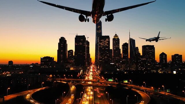 Panoramic aerial view of a sprawling city skyline at dusk with illuminated skyscrapers and traffic on highways Keywords: city skyline, dusk, sunset, urban, cityscape, skyscrapers, buildings
