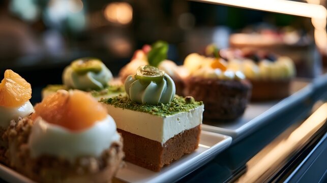 Cozy cafe desserts featuring pistachio cream and crumbs evoke a feeling of luxury under golden late afternoon light