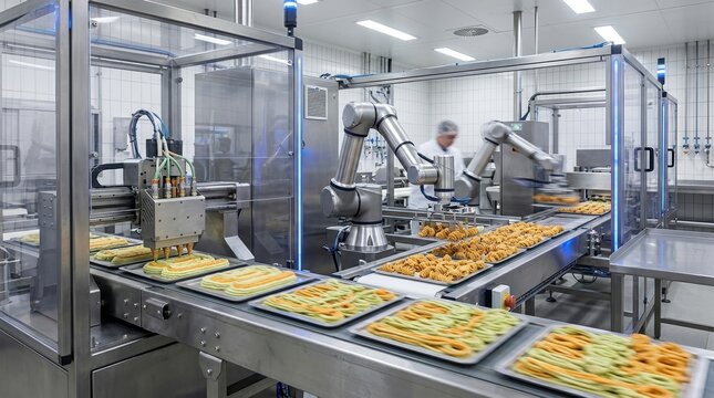 A stainless-steel food production line with two six-axis robotic arms, a 3D food printer extruding layered vegetable puree, and a conveyor carrying spiral snacks, under clear polycarbonate guards and