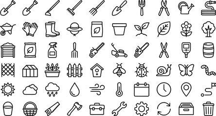 Set of gardening and landscaping tools icons, thin line style transparent background © Arko