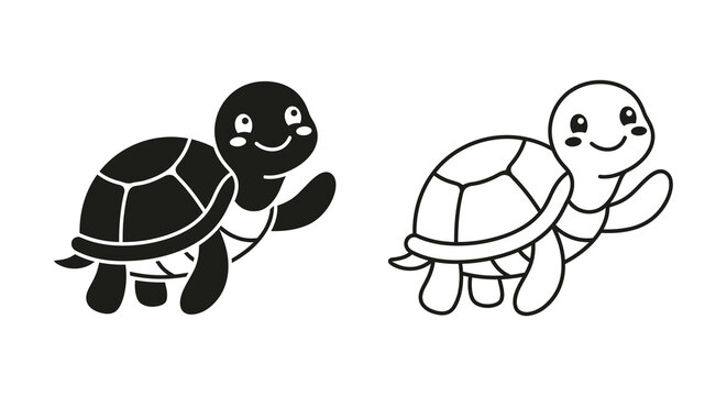 Cartoon Turtle Illustrations In Black And White Silhouette