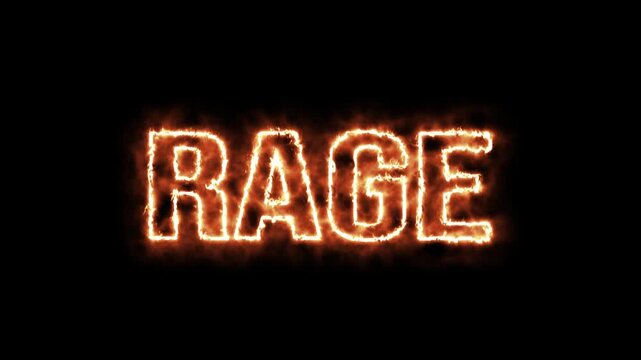 Fiery Rage Text Burning Brightly Against Black Background. The fiery glowing word RAGE.