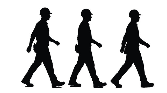 Three construction workers wearing hard hats walking in a line isolated on a white background