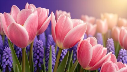 Fototapeta premium Close-up of delicate pink tulips blooming alongside vibrant purple grape hyacinths