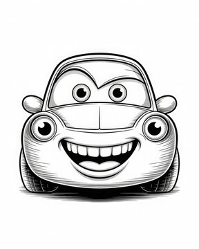 Black and white cartoon car with big eyes and wide grin