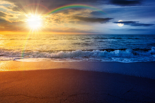 black sea landscape on summer solstice. day meet night. sun and moon over bulgaria nature landscape with sandy beach. vacation at the sea shore concept. waves and empty beach. remote astrology scene