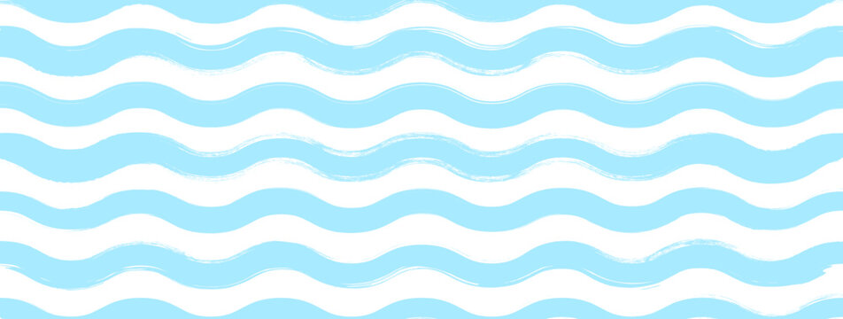 Seamless blue wavy pattern with watercolor wave stripes and cute anchors, grunge-style swirls and hand-drawn seawater texture; abstract vector background with wavy beach print for nautical designs