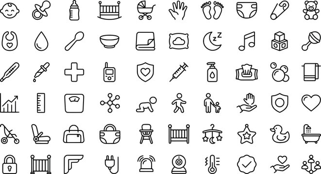 Collection of baby care and childhood development line icons transparent background