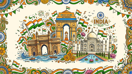 Fototapeta premium India landmark illustration showcases iconic monuments and vibrant cultural motifs surrounded by the national tricolor flag colors.