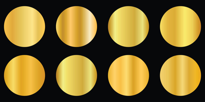 Gold gradients and metallic textures. Luxury gold gradients vector. Golden gradients set of metallic festive gold vector color gradation collection.  Premium Gold Swatches. 