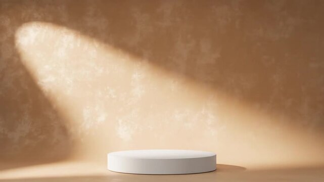 White cylindrical podium on a textured tan surface with a dramatic diagonal spotlight and shadow effect Keywords: podium, cylinder, white, tan, textured, spotlight, shadow, diagonal light