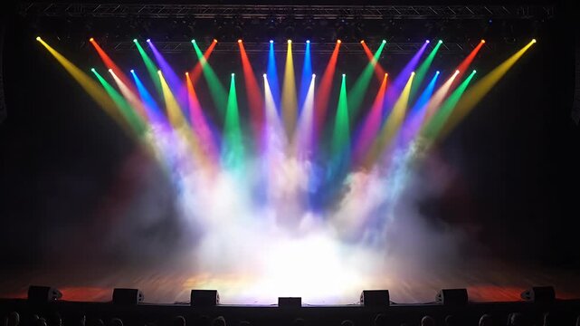 Colorful concert stage with bright spotlights and smoke.