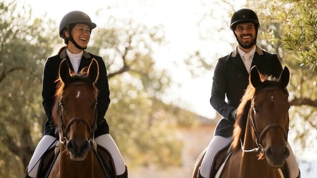 Laughing man and woman riding brown horses side by side through an olive grove at sunset