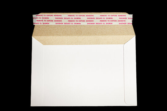 A white card stock envelope, with an open flap and adhesive strip