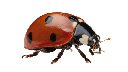 Isolated ladybug beetle with vivid red shell and black spots walking in close up view. © David