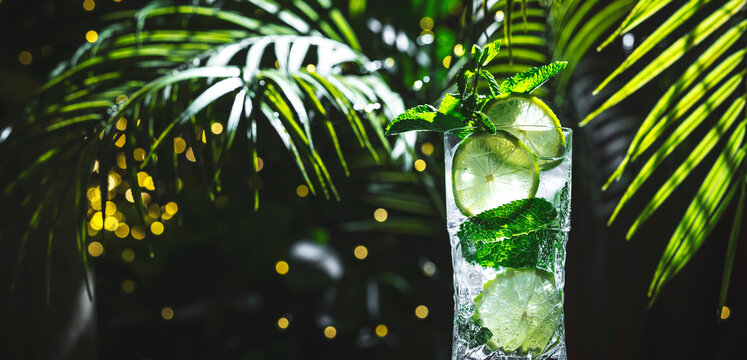 Banner format alcoholic mojito rum drink close up with lime mint. Wide landscape crop refreshing highball cocktail beverage background template