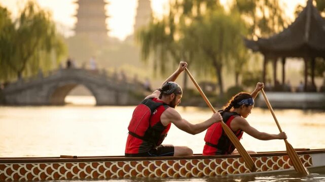 Man and woman rowing a traditional dragon boat synchronously on a scenic lake during golden hour