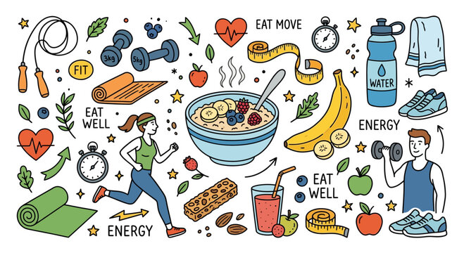 Healthy Lifestyle Doodle Art: Fitness, Food, and Wellness Icons