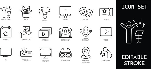 Entertainment and media icon set with orchestra, cinema, theater, and ticket symbols for various events. © Mayesa