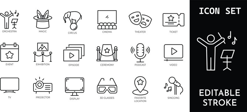 Entertainment and media icon set with orchestra, cinema, theater, and ticket symbols for various events.