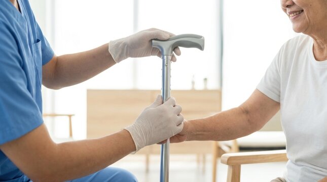 Close-up of a healthcare worker adjusting the height of a wooden walking cane for a sitting senior person to ensure proper mobility support.