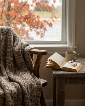 Knitted blanket on chair with open book and cup of tea beside rain-covered window. Hygge autumn lifestyle. Peaceful home interior setting for relaxing and reading during rainy fall day.