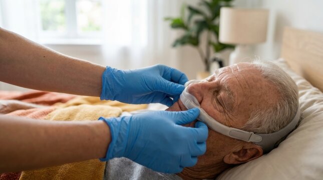 Close-up of a medical worker adjusting a ventilation CPAP mask on a senior patient resting in bed during homecare or hospital treatment.