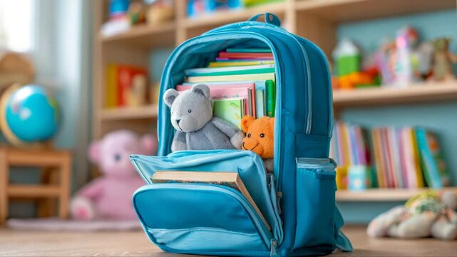 Blue children's backpack filled with colorful books and plush toys, positioned in a bright playroom with shelves of toys and books in the background
