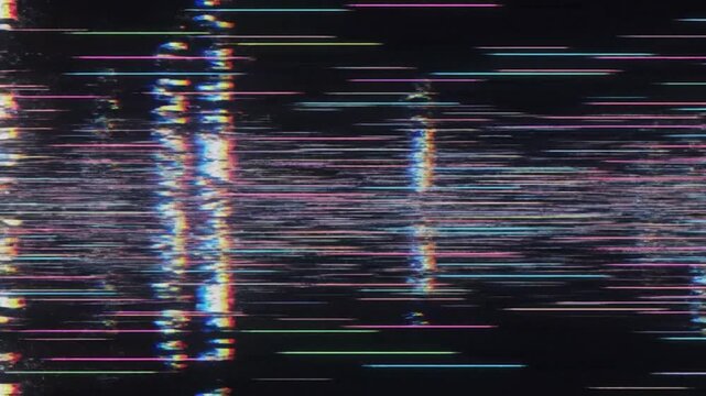 Dynamic abstract digital glitch with vertical and horizontal streaks of multicolored light and pixelated distortions against a dark background Keywords: abstract, digital, glitch, vertical
