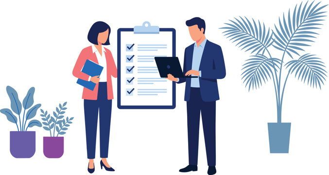 Business team completing project tasks with giant clipboard checklist and laptop flat vector illustration
