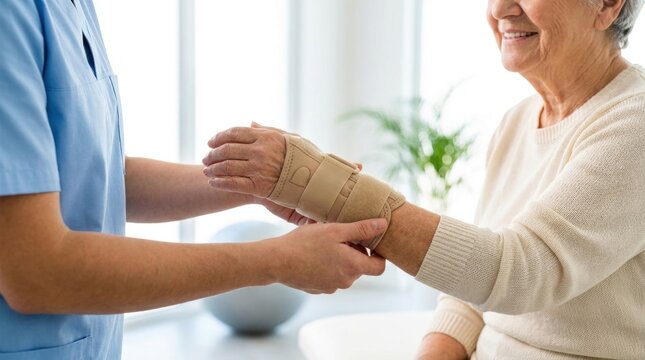 Close-up of a healthcare worker in gloves fastening a medical wrist brace splint on a senior patient to support joint recovery.