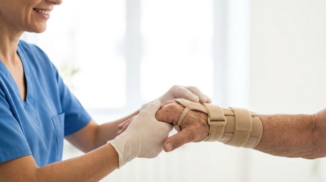 Close-up of a healthcare worker in gloves fastening a medical wrist brace splint on a senior patient to support joint recovery.