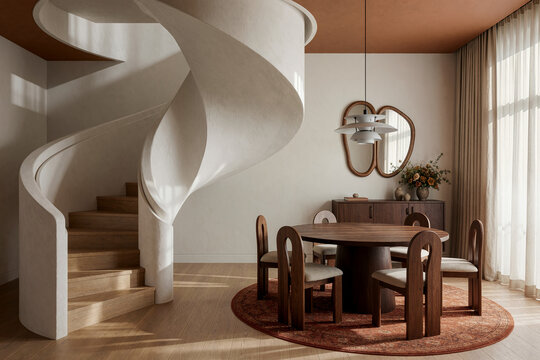 beige living room with spiral staircase	

