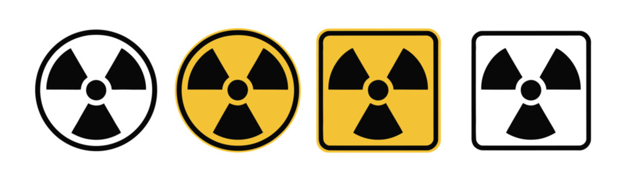 Radiation hazard symbol icon set, nuclear warning signs in circular and square styles, safety labels for radioactive danger and industrial protection.