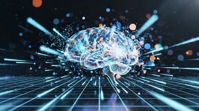 Digital glowing brain model on a blue grid