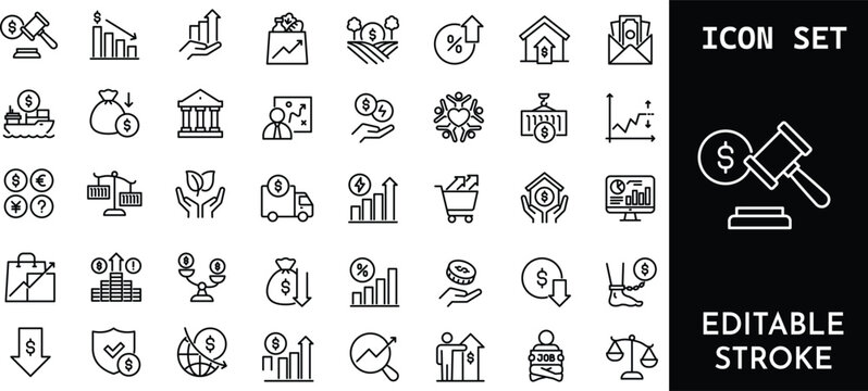 Economic and financial crisis line icon set depicting market decline inflation and monetary challenges.