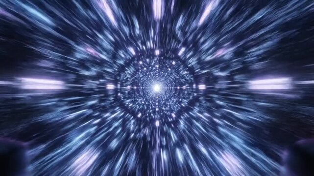 Abstract visualization of hyperspace travel with streaks of blue and purple light radiating from a bright central point creating a sense of extreme speed Keywords: abstract, hyperspace, travel