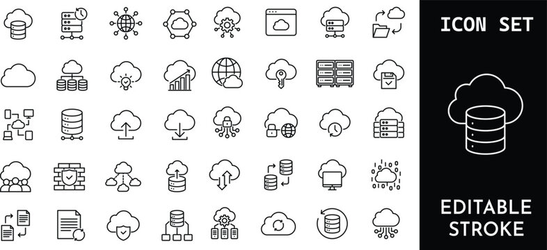 Cloud computing and database icon set including server, network, security, data storage, and more.