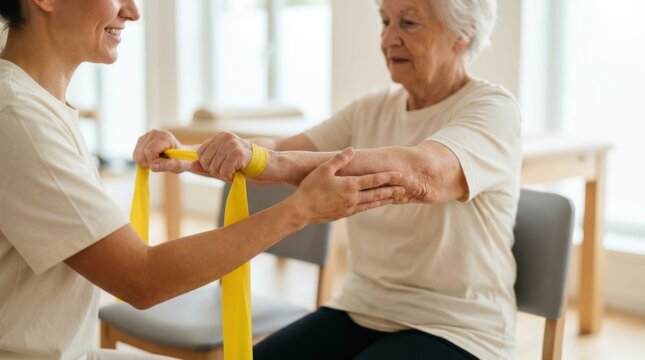 Smiling rehabilitation specialist coaching a senior patient during resistance band exercises for arm strength in a care facility room.